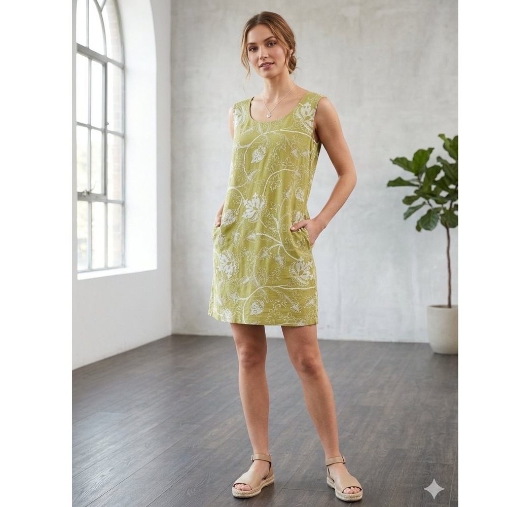Lina Tomei Italy Linen Floral Shift Dress Olive Green Pockets XL Resortwear